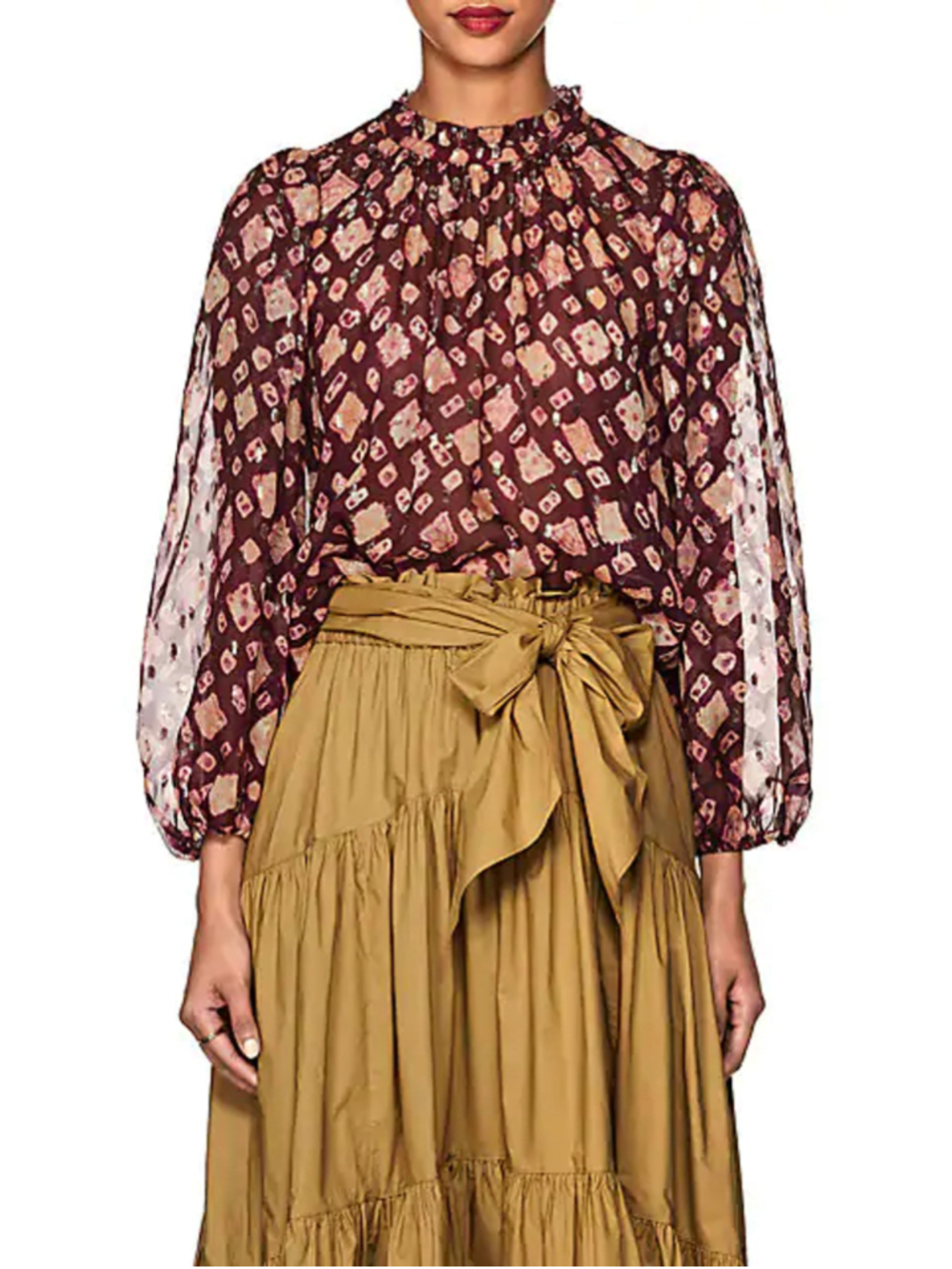 NWT Women's Ulla Johnson Silk Sheer Blouse Small Burgundy Gold